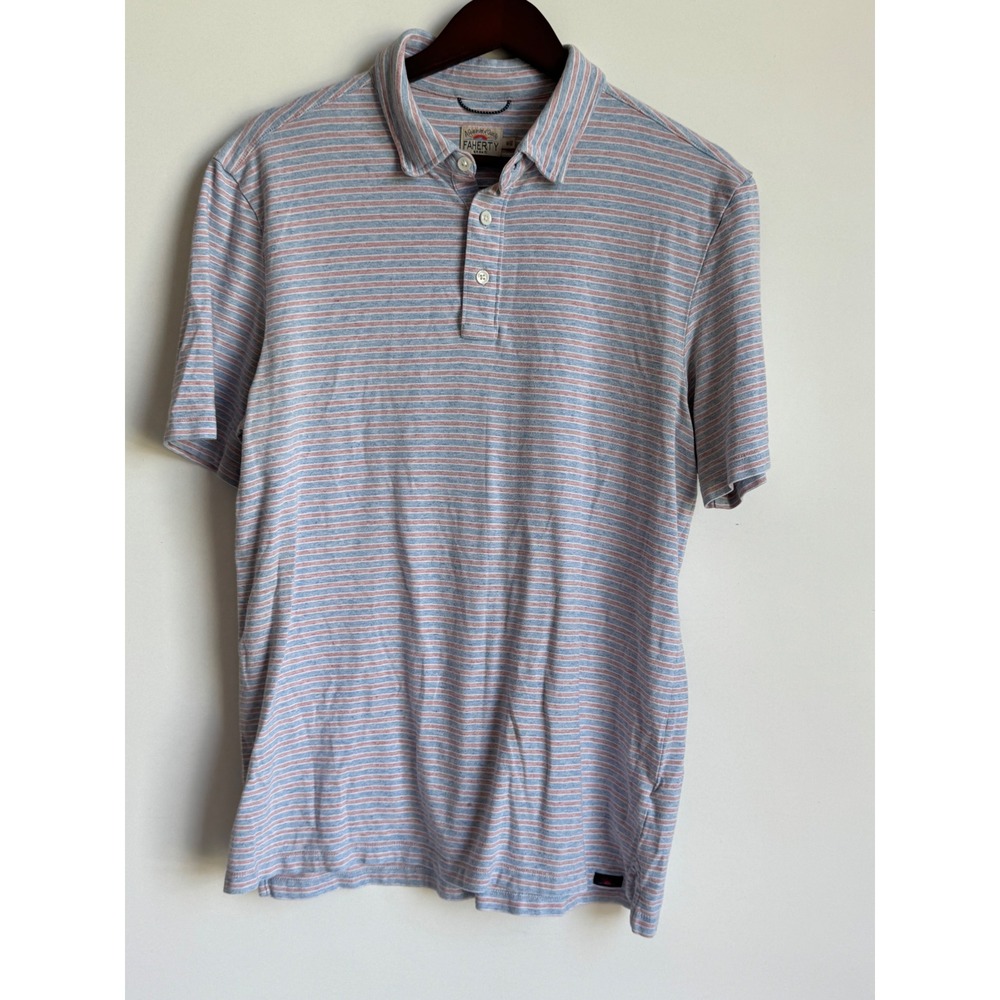 Faherty Brand Mens Striped Polo Shirt Blue Coral Coastal Beach cotton modal Med